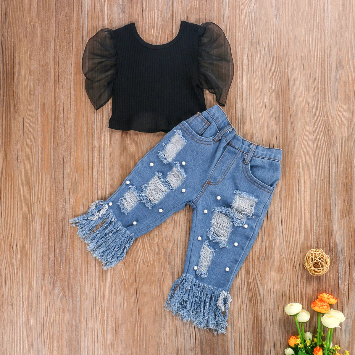 2020 Fashion Infant Baby Girls Clothes Sets 0-5Y Puff Sleeve Solid T Shirts Tops Pearl Blue Denim Pants