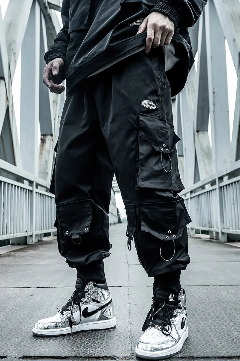 Harajuku Paratrooper Pants Men's clothes Loose Trendy Hip Hop Drawstring Cargo Pants Multi-pocket Drawstring Overalls Hip hop