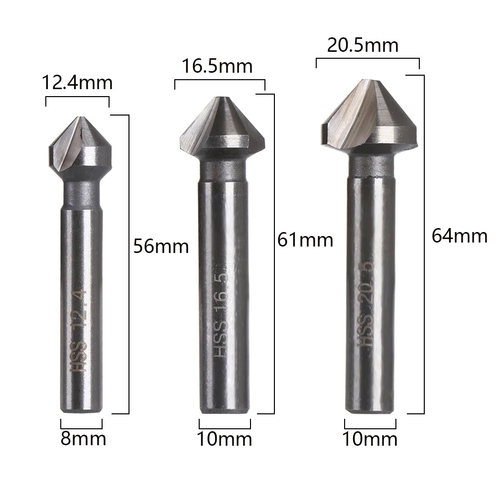 1 pcs 3 Flute Countersink Drill Bit Round Handle 90 Degree HSS Wood Steel Chamfer Cutter Tool 6.3/8.3/10.4/12.4/16.5/20.5mm