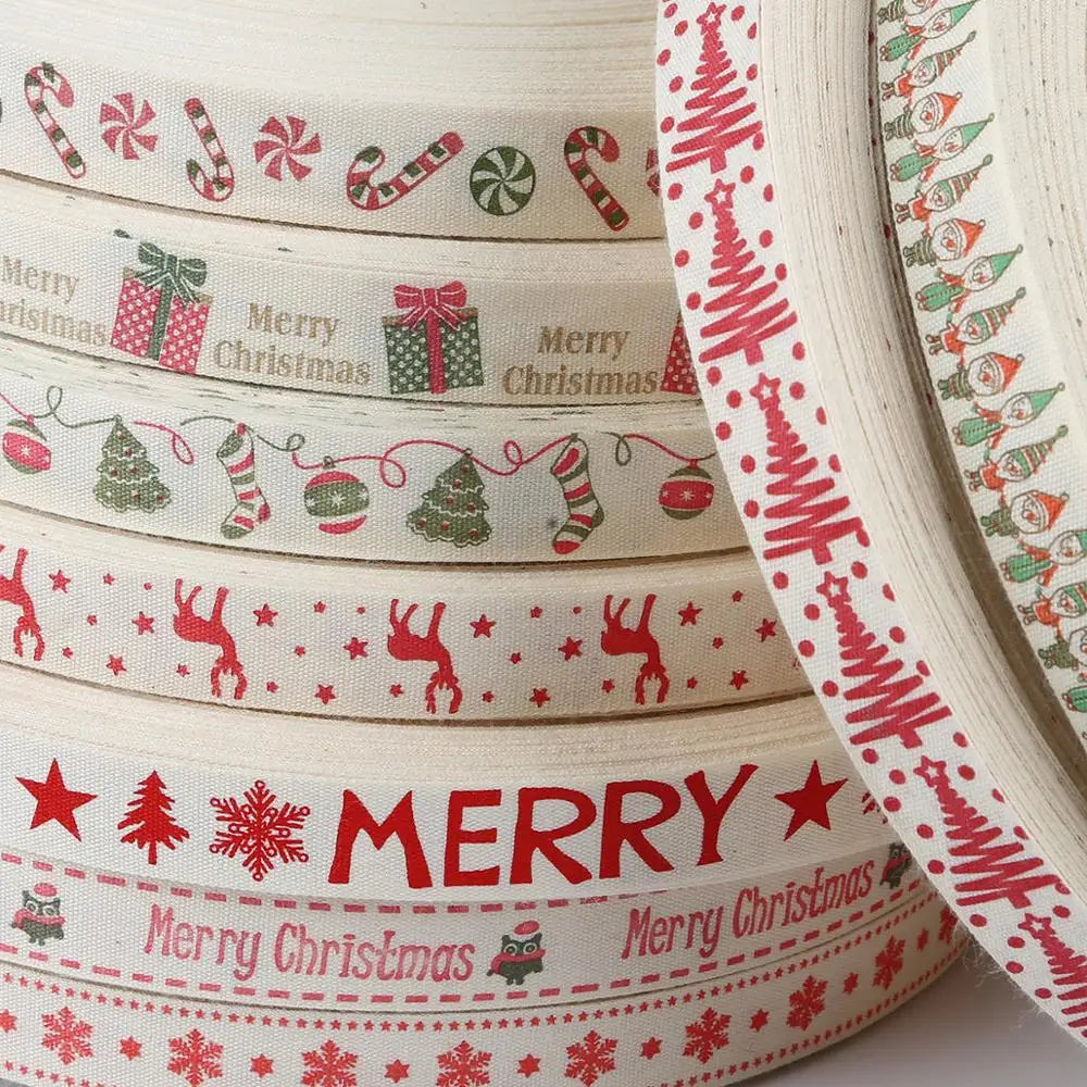 5yards Cartoon Printed Cotton Ribbons Hairbows Christmas Decoration For Home Gift Wrapping Christmas Ribbon DIY Sewing Fabric