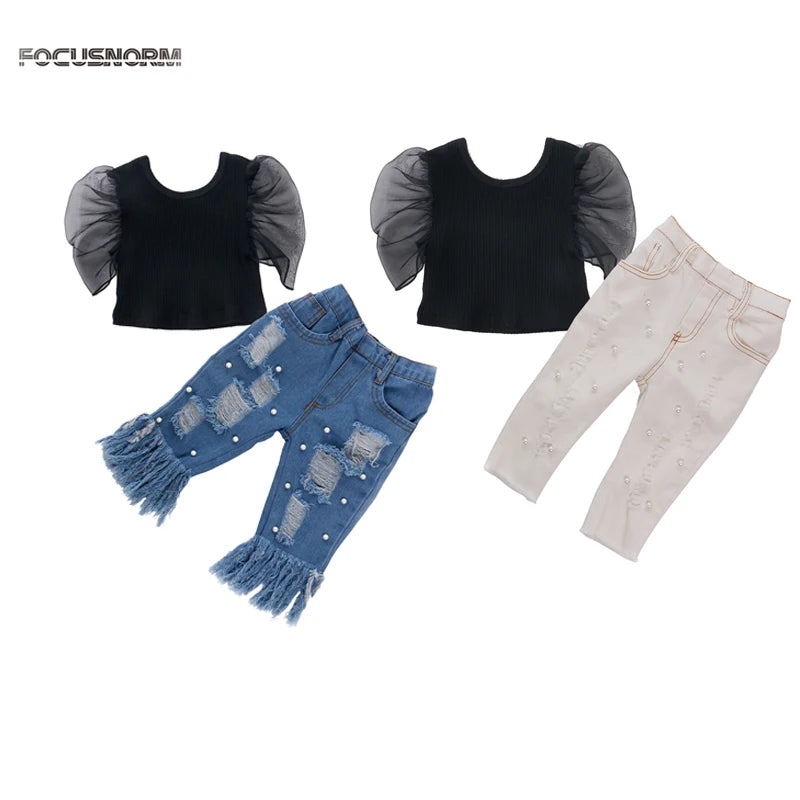 2020 Fashion Infant Baby Girls Clothes Sets 0-5Y Puff Sleeve Solid T Shirts Tops Pearl Blue Denim Pants