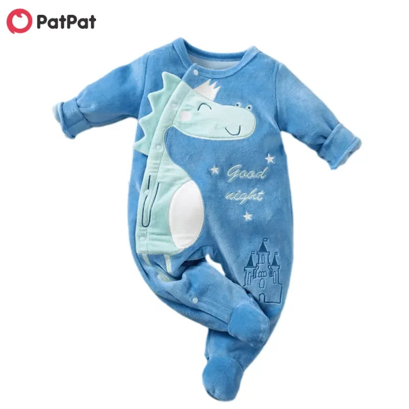 PatPat Winter Baby Boy Clothes 0 to 12 Months Dinosaur Print Fleece Jumpsuit Bodysuits & One-pieces Long-sleeve Baby Onesies