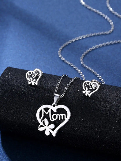 1Set Stainless Steel I Love MAMA Letter Necklace Earrings Set Love Heart Mom Daughter Figure Jewelry Set Mother's Day Gift